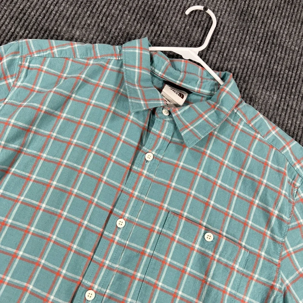 The North Face Shirt Mens Large Green Check Short Sleeve Button Up Hiking Casual